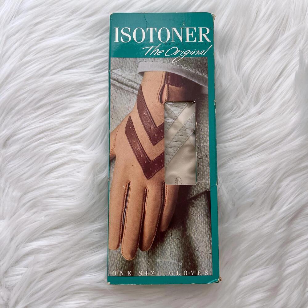Vintage Isotoner Bone one size gloves leather trimmed stretch - Picture 6 of 7